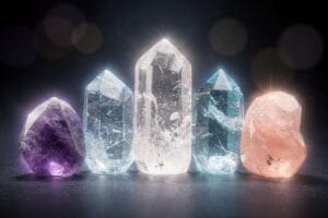 Four healing crystals displaying distinct colors and formations arranged on a neutral surface.