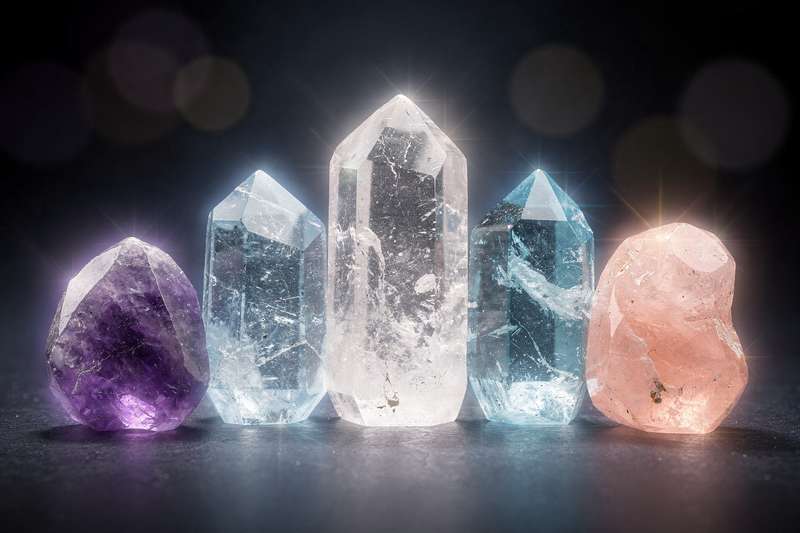 Four healing crystals displaying distinct colors and formations arranged on a neutral surface.