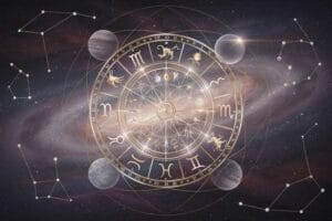 Zodiac wheel displaying twelve astrological signs arranged in circular order with their corresponding symbols.