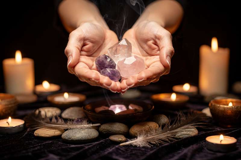 Healing crystals arranged on fabric surface for emotional recovery from heartbreak and grief.