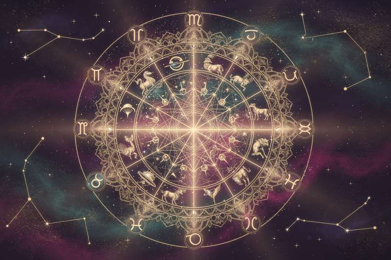 Celestial chart displaying planetary positions and zodiac constellations for May's astrological forecast.