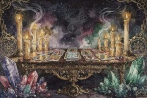 Tarot cards spread across a surface with a reader's hands positioned over them during an intuitive reading session.