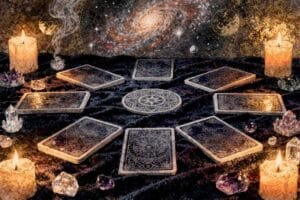 Tarot cards arranged in a spread pattern on a wooden surface for morning divination practice.