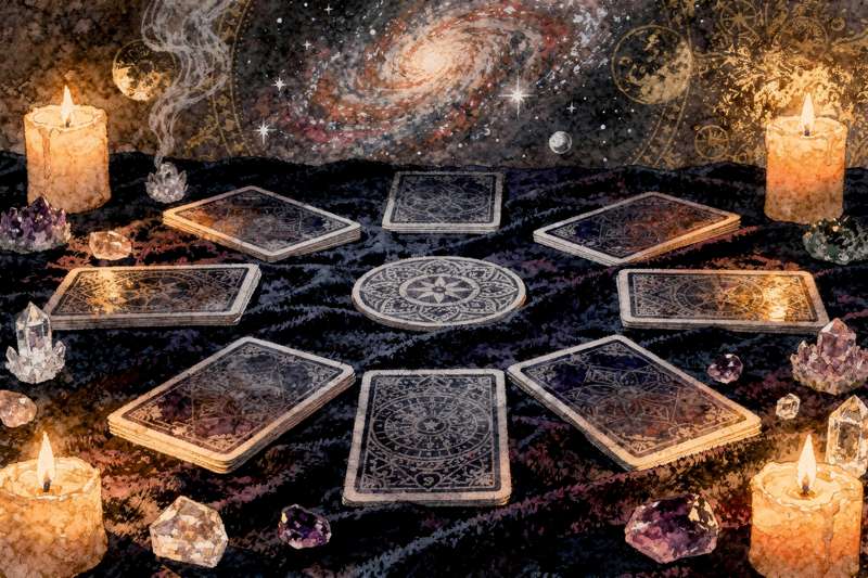 Tarot cards arranged in a spread pattern on a wooden surface for morning divination practice.