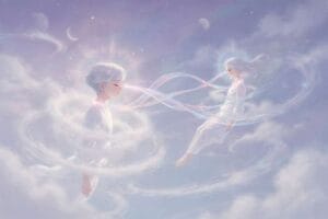Two people connected by glowing threads during sleep representing spiritual dream connection and telepathic thoughts.