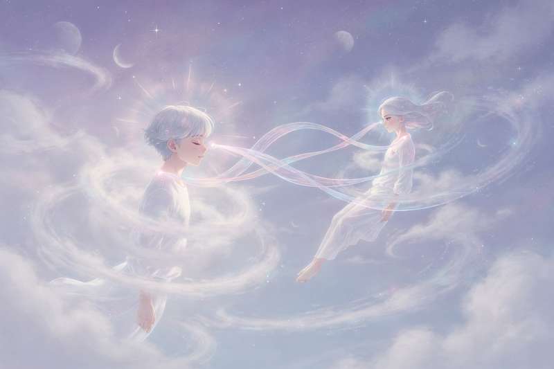 Two people connected by glowing threads during sleep representing spiritual dream connection and telepathic thoughts.