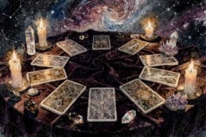 Classic three-card tarot spread layout showing past, present, and future positions for beginners.