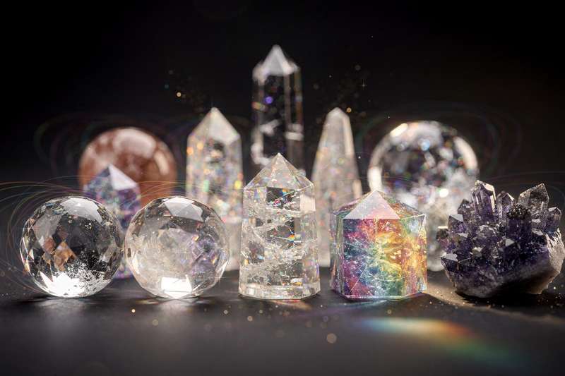 Various crystal shapes arranged to show geometric forms and their distinct energy properties.