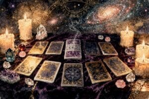 Tarot spread layout featuring multiple cards arranged in a pattern for intuitive readings.