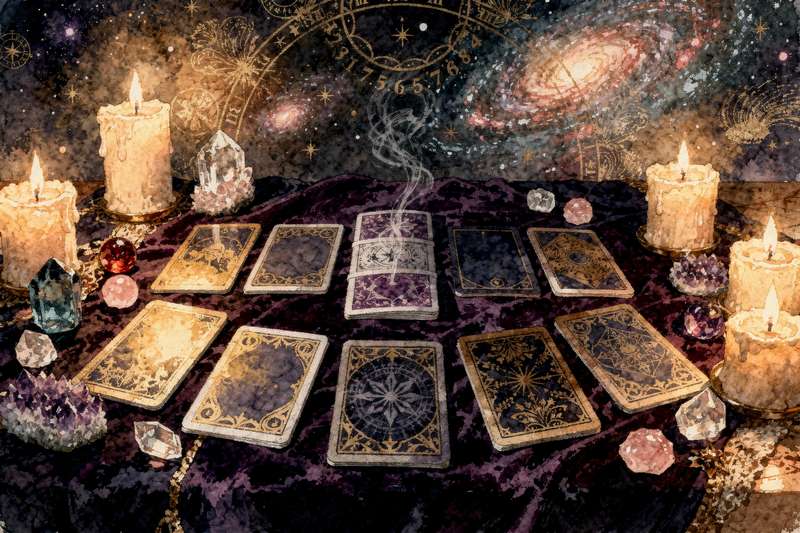 Tarot spread layout featuring multiple cards arranged in a pattern for intuitive readings.