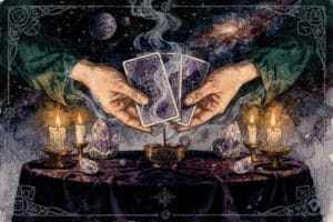 Professional tarot reader conducting a focused reading session with client trust and credibility.