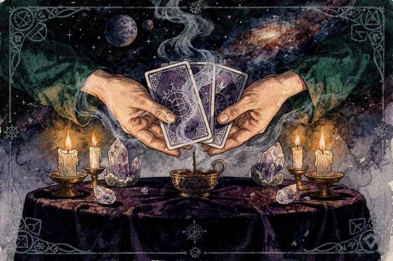Professional tarot reader conducting a focused reading session with client trust and credibility.