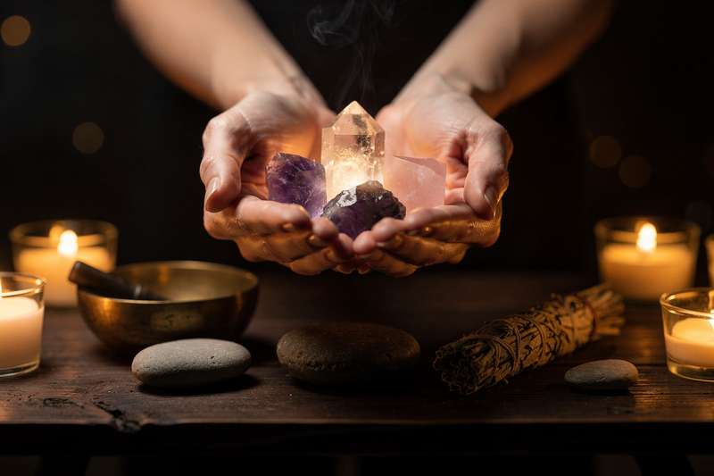 Healing crystals arranged for anxiety relief including amethyst, blue lace agate, and black tourmaline stones.