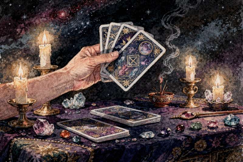 Tarot spread layout with multiple cards arranged on a surface for reading practice and guidance.