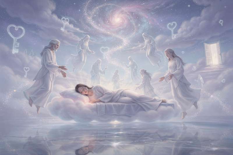 Symbolic representation of deceased figures appearing in dream imagery and their spiritual significance.