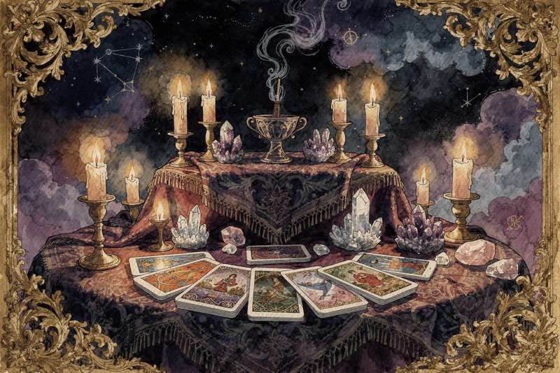The Hermit tarot card depicts a solitary robed figure holding a lantern while standing on a mountain peak.