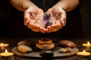 Healing crystals arranged in a calming pattern to help shift mindset and release negative thought patterns.
