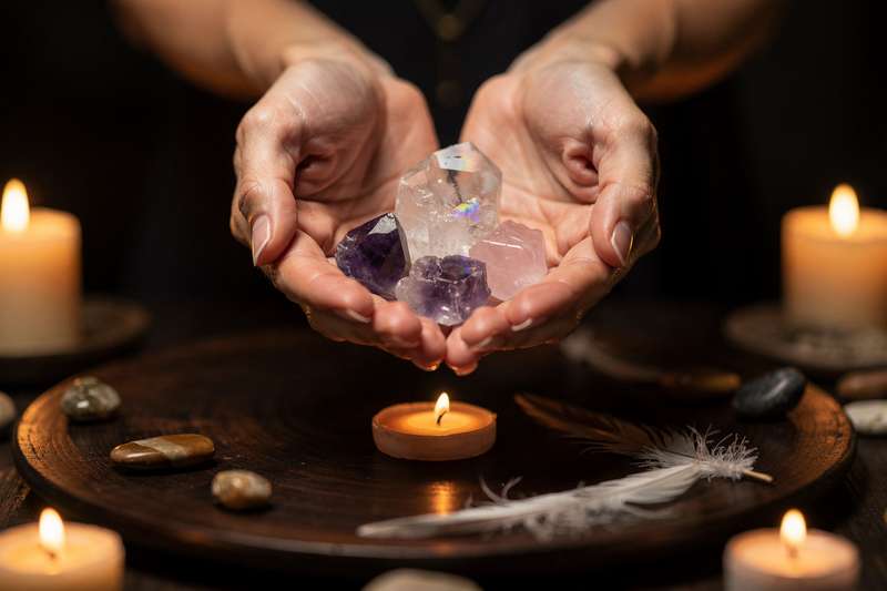Polished crystals and minerals arranged to represent stones used for spiritual clarity and self-discovery.