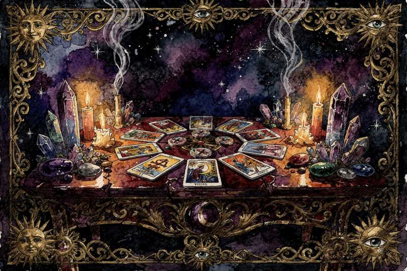 Colorful tarot cards spread across a wooden surface with guidebook for contemporary spiritual practice.