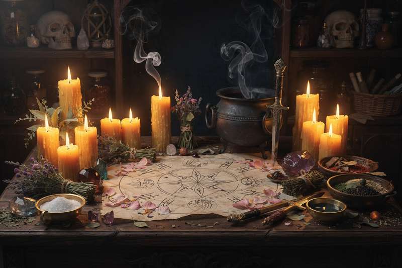 Candles and crystals arranged on an altar with handwritten affirmation cards for manifestation rituals.