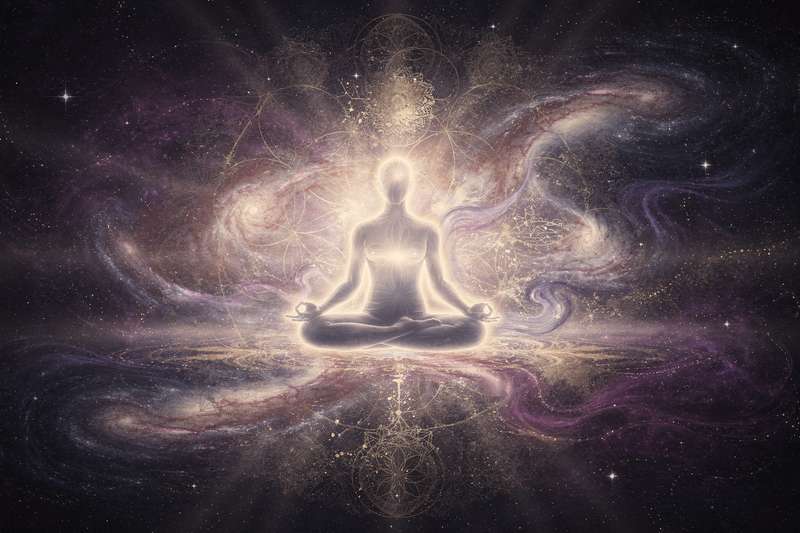 Peaceful person meditating with hands over heart in serene natural setting.