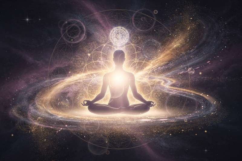 Woman meditating peacefully indoors with eyes closed and hands in mindful position.