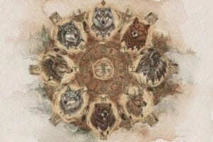 Native American zodiac wheel displaying twelve spirit animals representing different birth periods and symbolic meanings.
