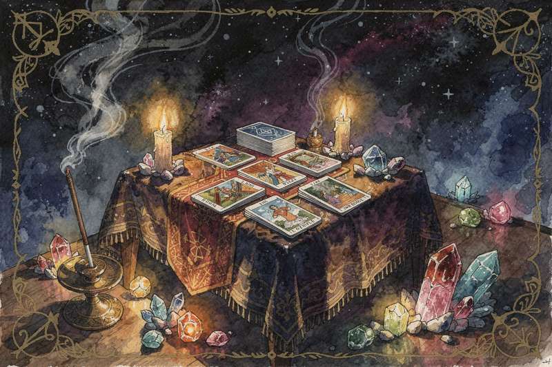 Four tarot suits representing cups, wands, swords, and pentacles arranged in a symbolic layout.