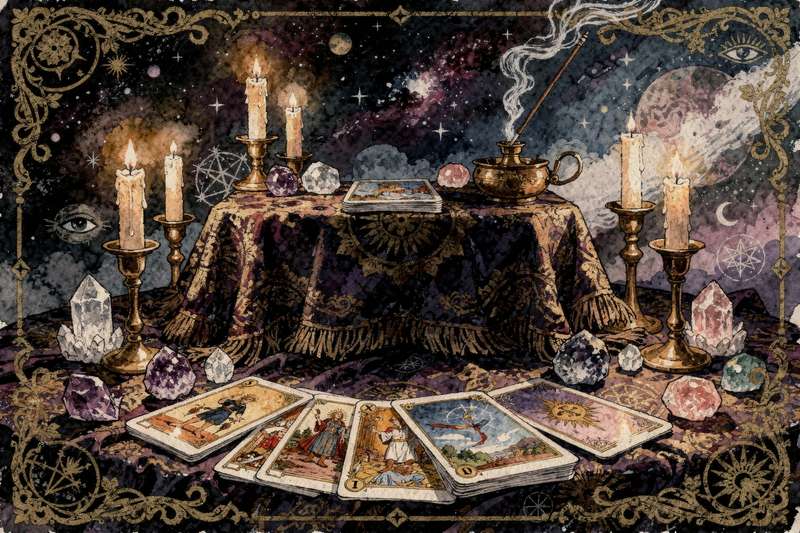 Spread of tarot cards laid out for divination and spiritual guidance readings.