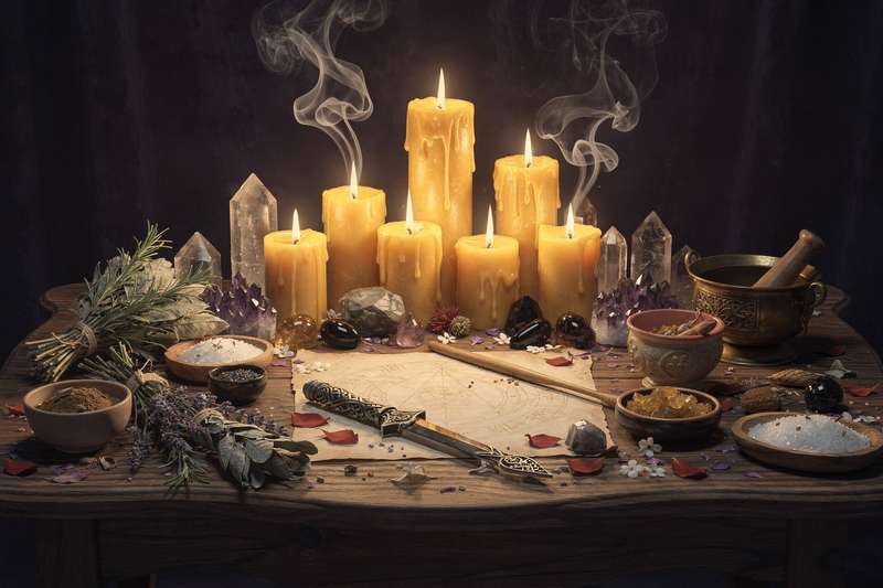 Autumn altar arrangement with candles, herbs, and harvest vegetables for a gratitude ritual.