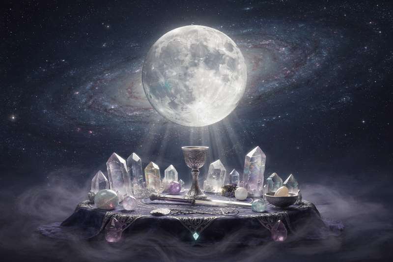 Candles and crystals arranged in a circle under moonlight for Monday night meditation and lunar rituals.