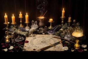 Candles and herbs arranged on an altar for New Year's Day magical rituals and intentions.
