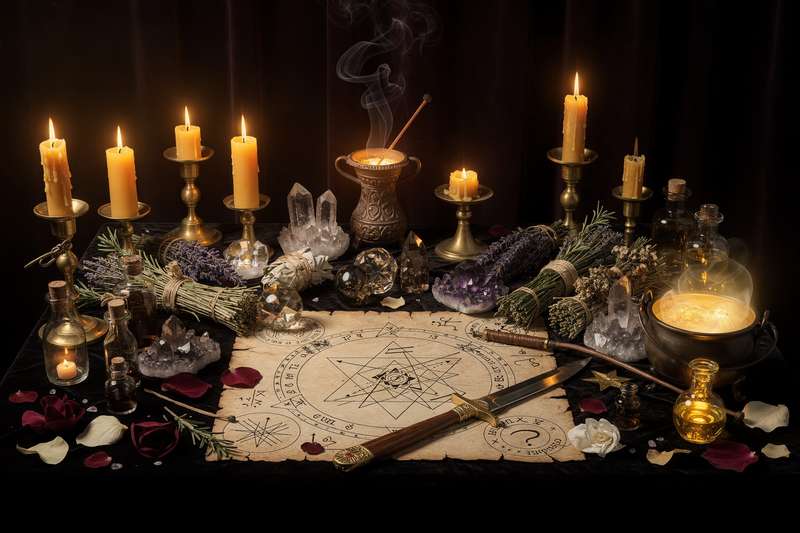 Candles and herbs arranged on an altar for New Year's Day magical rituals and intentions.