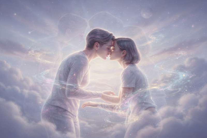 Two people sharing an intimate kiss under soft lighting, symbolizing connection and emotional bonding in dream symbolism.