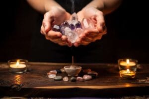 Polished crystals arranged in a circle symbolizing gratitude and appreciation energy.