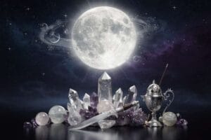 Visual guide displaying the eight lunar phases with their symbolic meanings and characteristics for tracking monthly moon cycles.