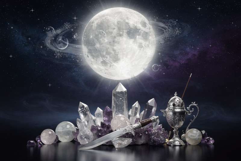 Visual guide displaying the eight lunar phases with their symbolic meanings and characteristics for tracking monthly moon cycles.