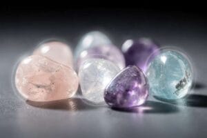 Soft healing crystals arranged gently around a sleeping infant, symbolizing protection and natural wellness for babies.
