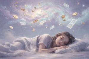 Symbolic representation of discovering coins and bills scattered on the ground during sleep.