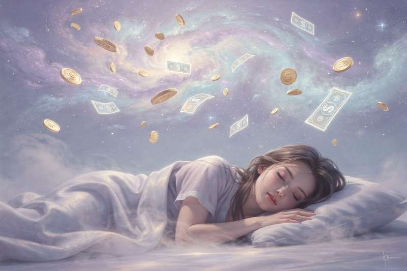 Symbolic representation of discovering coins and bills scattered on the ground during sleep.
