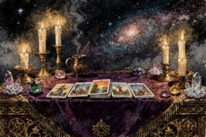 Tarot reader providing a card reading to a client at an event or gathering.