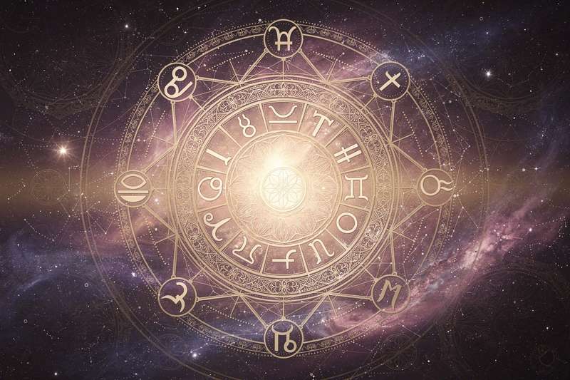 Colorful zodiac wheel with astrological symbols arranged in a circle for weekly horoscope predictions.