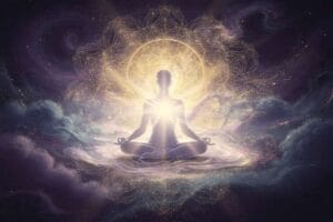 Empath meditating with protective energy surrounding her in a peaceful natural setting.