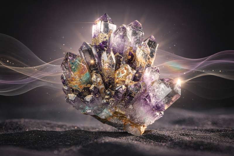 Raw elestial amethyst crystal specimen with layered terminations displaying natural purple striations and geometric formations.