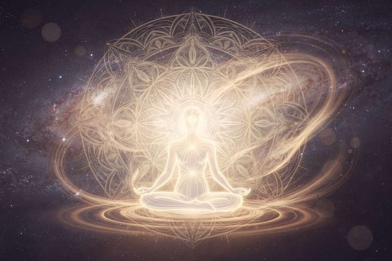 Woman meditating peacefully in natural light while connecting with her inner spiritual guidance.