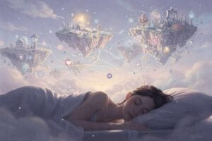 Symbolic representation of dream analysis connecting subconscious imagery to spiritual awakening and personal insight.