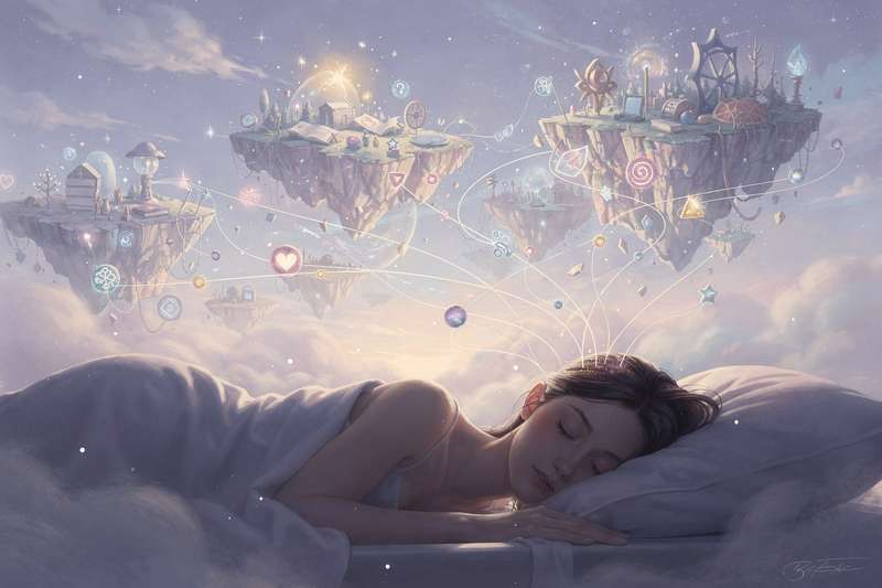 Symbolic representation of dream analysis connecting subconscious imagery to spiritual awakening and personal insight.