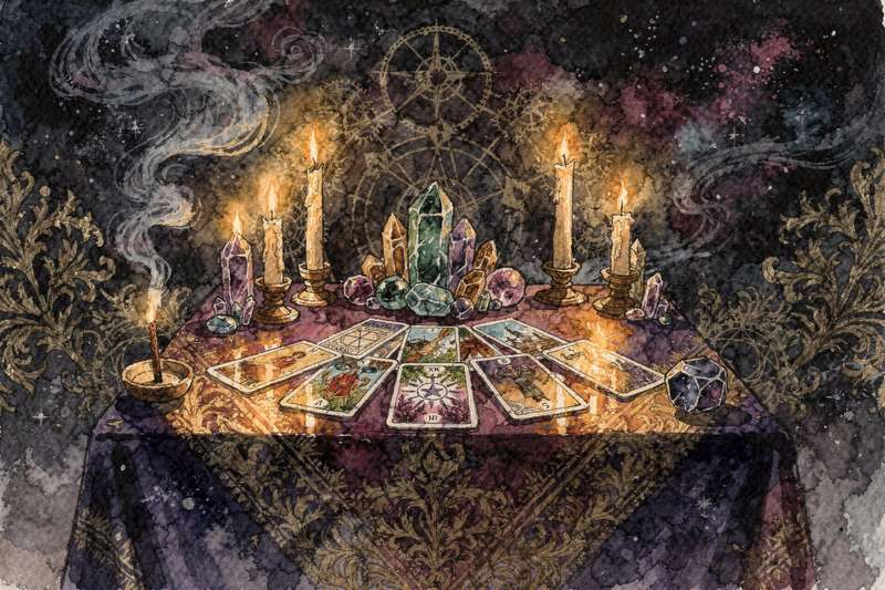 Tarot cards arranged in a spread layout with celestial imagery symbolizing eclipse energy and new moon intentions.