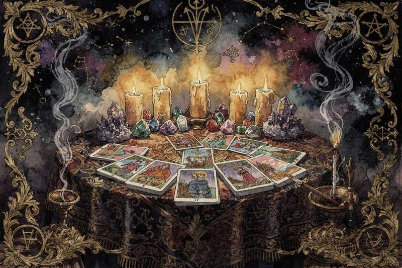 Seventh Sphere tarot and lenormand card decks displayed together showing ornate illustrations and distinctive card designs.