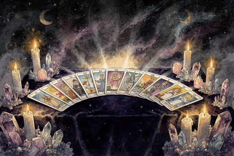 Major Arcana tarot card spread layout displayed for daily divination reading and interpretation guidance.